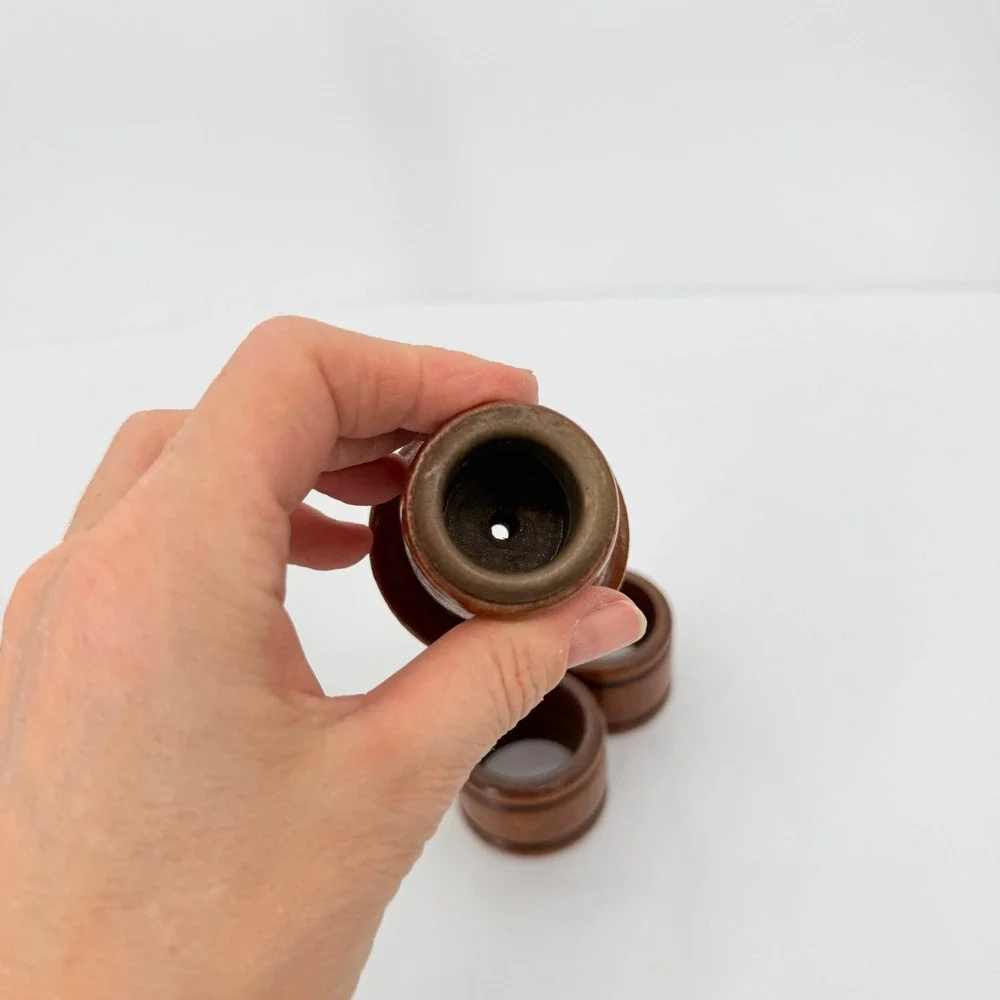 Carved Wood Candlestick Removable Napkin Ring Set Vintage‎ MCM Table Decor Brown
